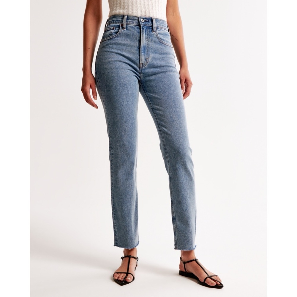 Abercrombie & Fitch The Ankle Straight Ultra High Rise Jeans Medium Blue Raw Hem